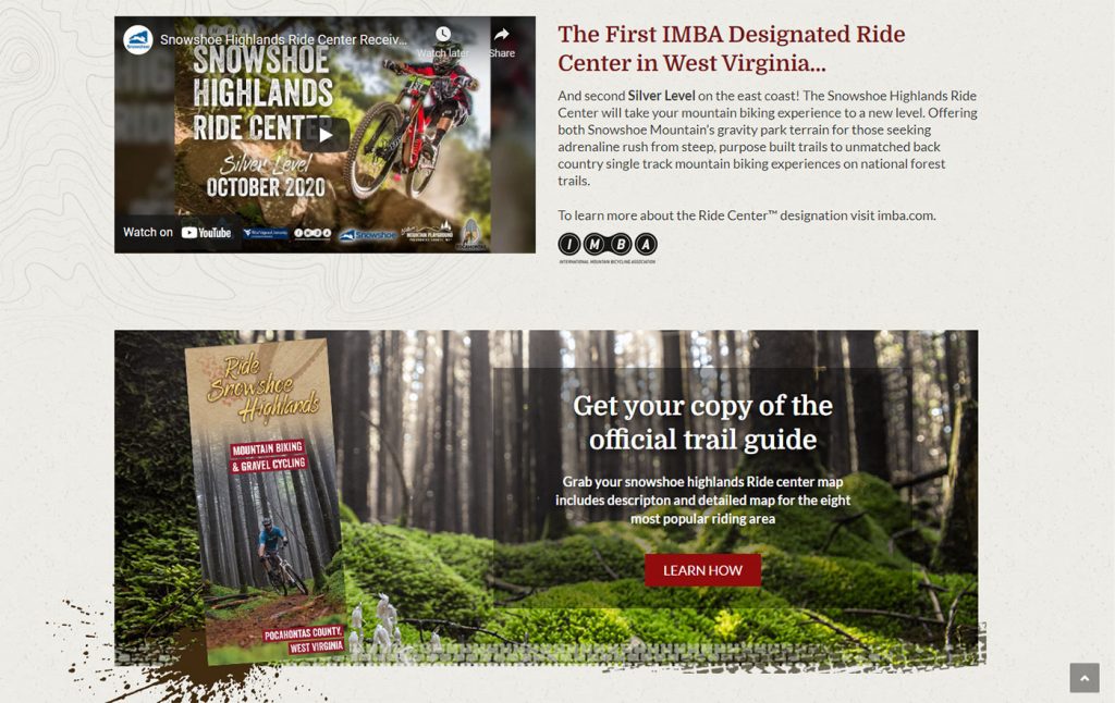 Snowshoe Highlands Ride Center website page design